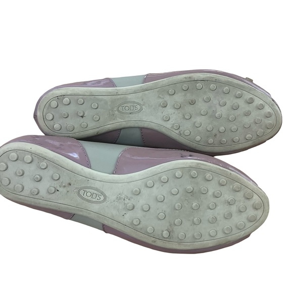 TOD’S Patent Leather Lavender & Gray Peep Toe Flats w/ Bow Sz 38 US 7/7.5 luxury - Picture 10 of 12